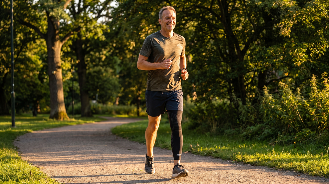 Actieve man met KneeMax compressiemouw wandelt stevig door in het park